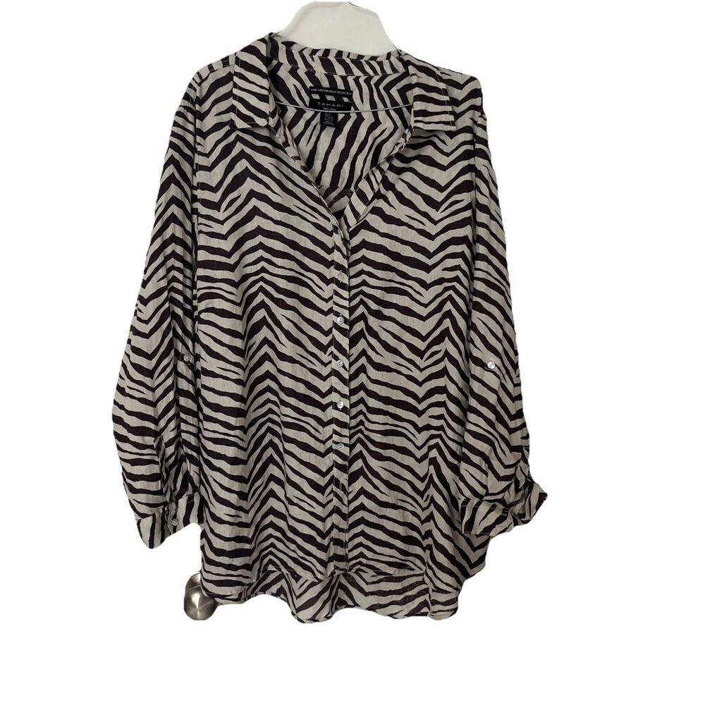 Tahari 100% Linen Button Up Shirt 2X Zebra Stripe Brown Coastal European Flax - Picture 2 of 6